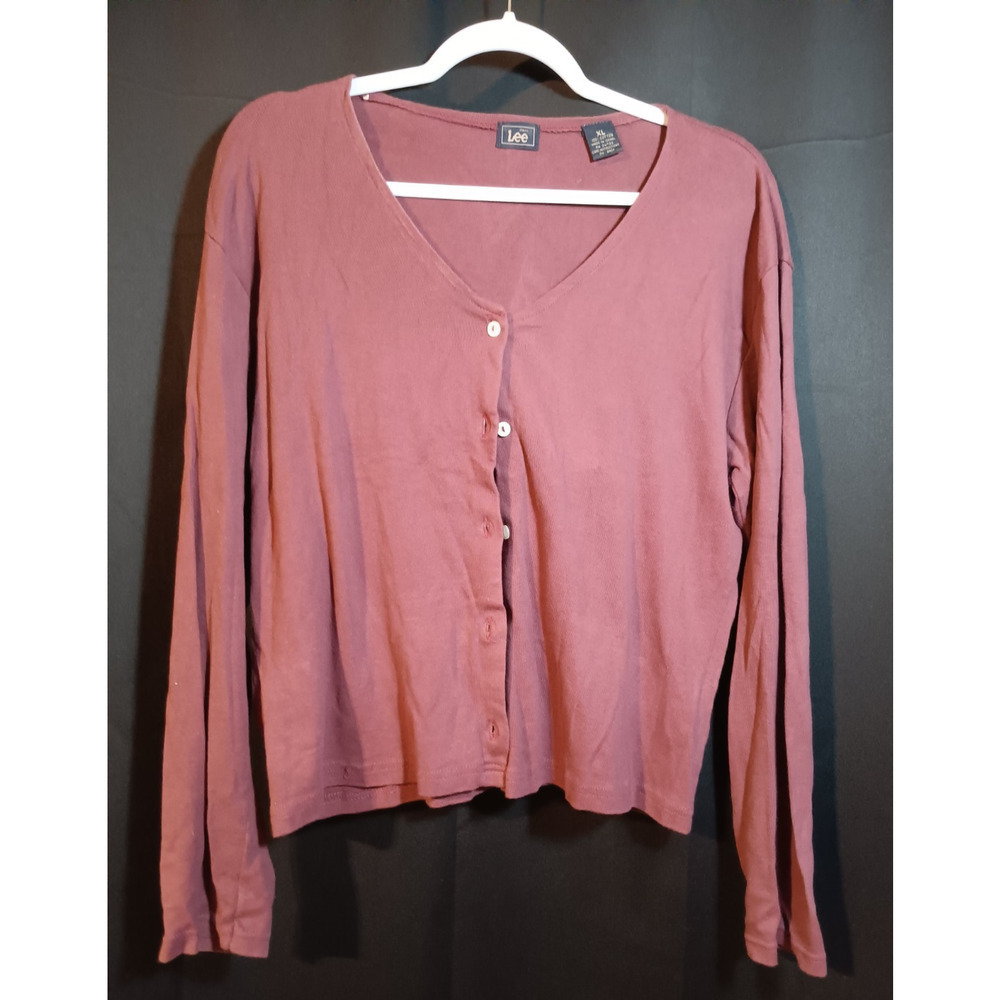 VTG Y2K Lee Classic Maroon Cotton Cardigan XL Button-Up Long Sleeve Retro Preppy - Picture 4 of 4